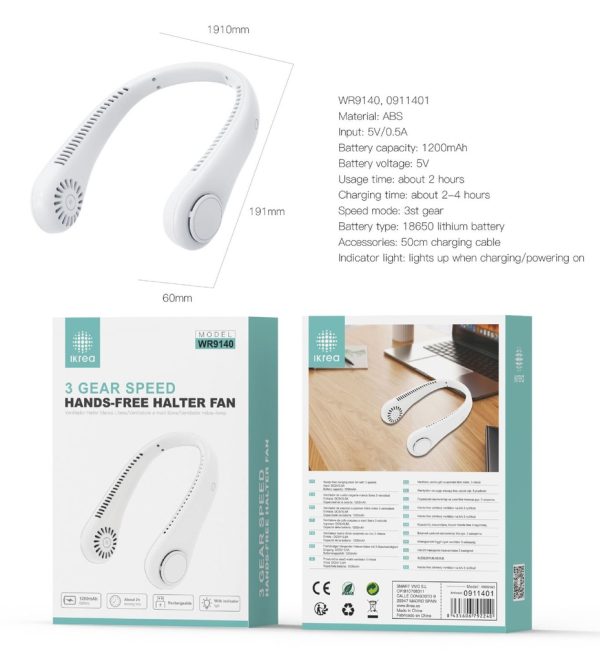 Ventilador de cuello manos libres 3 velocidades 1200mAh 60*191*191MM blanco IKREA WR9140 - Ventiladores pequeños