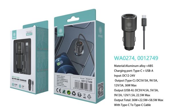 Cargador para coche, 2 puertos Type-C / USB-A con cable Type-C a Type-C 55.8W 4.5A Gris - Cargador de coche