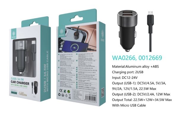 Cargador para coche, 2 puertos USB-A con cable Micro USB 4.5A 34.5W Negro - Cargador de coche