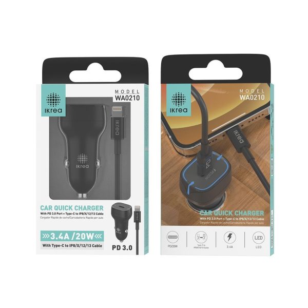 Cargador rápido para coche con cable Lightning PD3.0 3.4A 20W Negro - Cargador de coche
