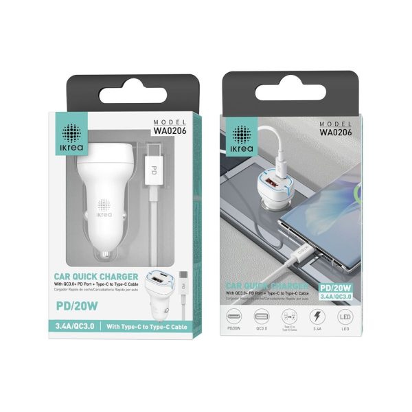 Cargador rápido para coche, 2 puertos USB / Type-C 3.4A QC3.0 y cable Type-C 20W Blanco - Cargador de coche