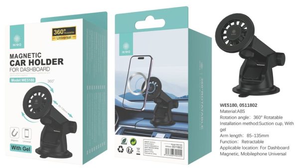 Soporte universal magnético 360° de ventosa con gel para salpicadero de coche color negro - Accesorio automotriz