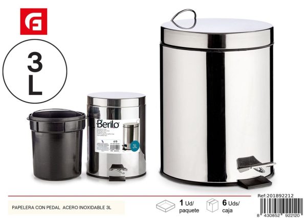 Papelería con pedal de acero inoxidable 3L - Almacenamiento y organización