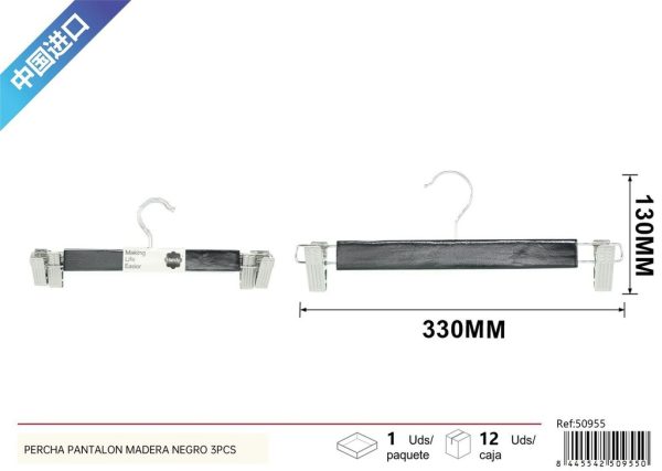 Perchas de madera negro 3 pcs - Artículos de hogar