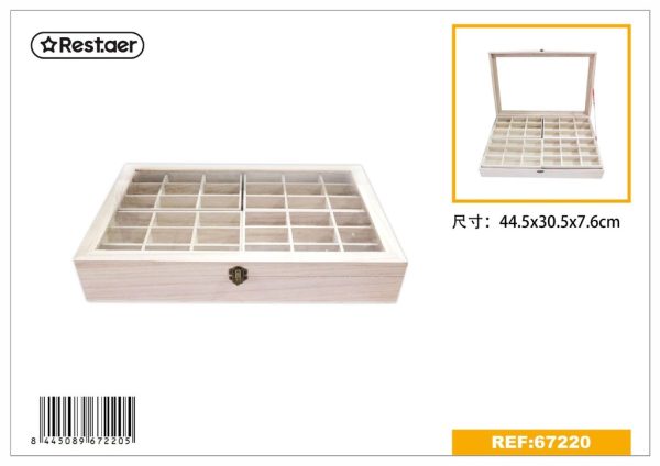 Caja de madera con ventana de cristal, doble capa, 44.5x30.5x7.6cm para almacenamiento y organización