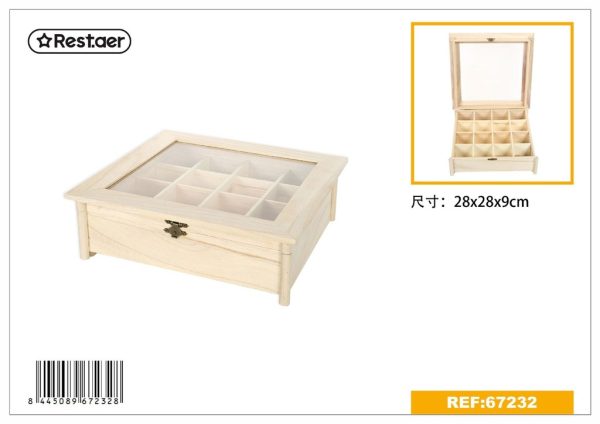 Caja de madera cuadrada con ventana 28x28x9cm
