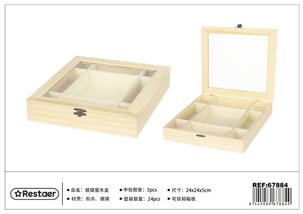 Caja de madera cuadrada de 9 compartimentos 24x24x5 cm - Artículos de regalo