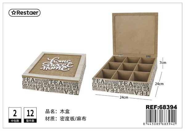 Caja de madera cuadrada de 9 compartimentos 24x24x7cm - Artículos de regalo