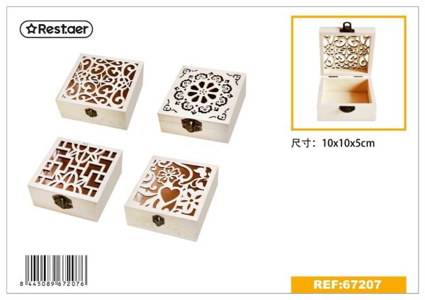 Caja de madera de pino con adornos 10*10*5 cm - Artículos de regalo