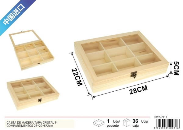 Cajita de madera tapa de cristal 9 compartimentos 28*22*5*2cm - Decoración y artesanías