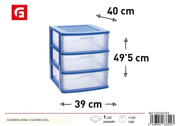 Cajonera Sena 3 cajones azul 49.5*39*40 cm - Organización del hogar