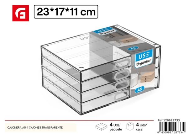 Cajonera de plástico A5, 4 cajones, transparente - Organizadores de maquillaje