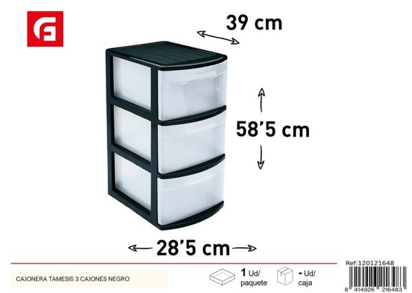 Cajonera de plástico Tamesis 3 cajones color negro para organización del hogar