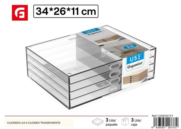 Cajonera de plástico transparente A4 34x26x11 cm - Organización de maquillaje