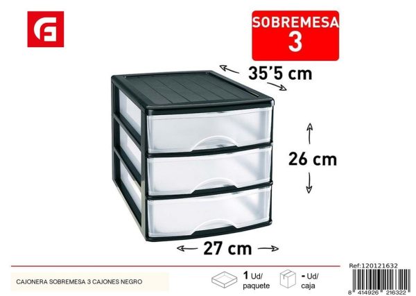 Cajonera de sobremesa 3 cajones negra - Almacenamiento plástico