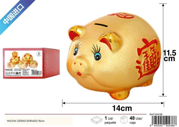 Hucha cerdo dorado 15cm para decoración y ahorro