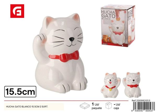 Hucha gato blanco cerámica 15.5cm 2 surtidos para ahorro y decoración