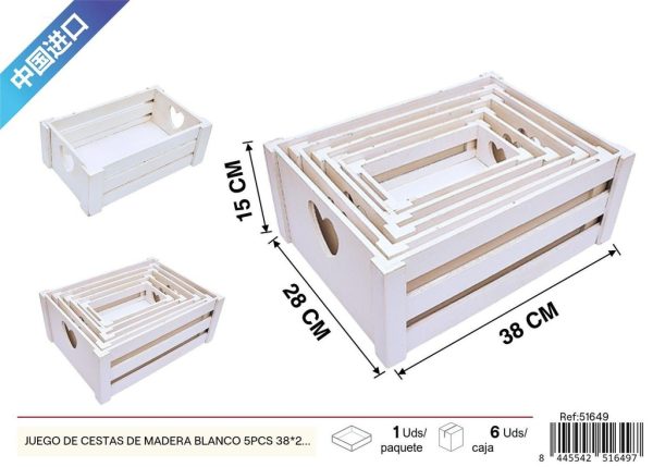 Juego de cestas de madera blanco 5 piezas 38x28x15x3.5 cm - Decoración del hogar