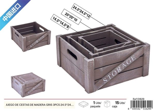 Juego de cestas de madera gris - Decoración hogareña - Imagen 2