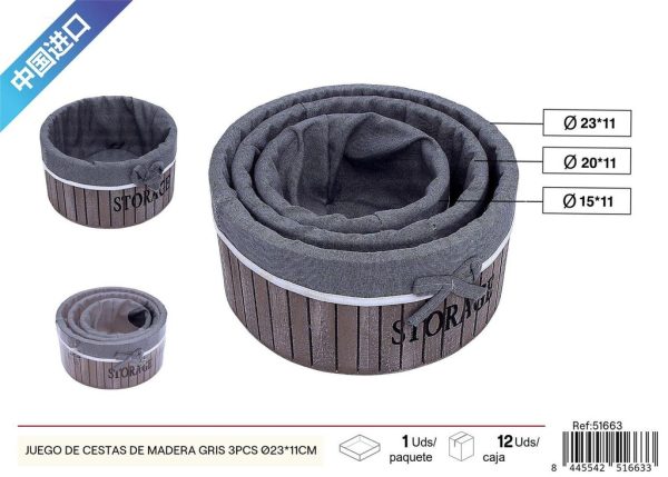 Juego de cestas de madera gris 3 piezas Ø23*11 cm - Decoración del hogar