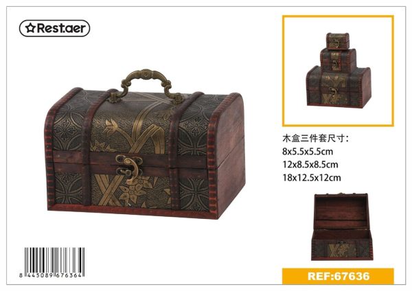 Set de 3 cajas de madera estilo vintage 18x12.5x12 cm - Artículos de regalo