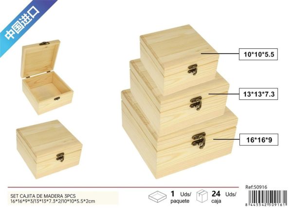 Set de 3 cajitas de madera 16x16x9 / 13x13x7.3 / 10x10x5.5 cm - Artículos decorativos