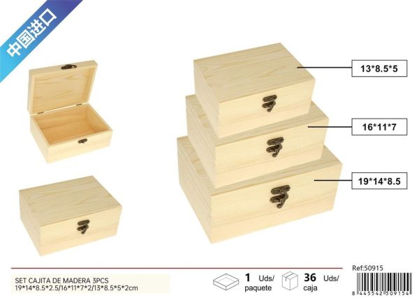 Set de 3 cajitas de madera rectangular de pino (sin esquinas redondeadas) - Decoración del hogar