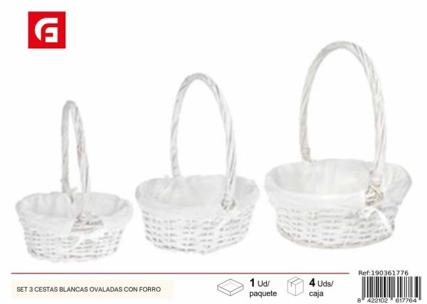 Set de 3 cestas ovaladas blancas con forro - Almacenamiento y organización del hogar