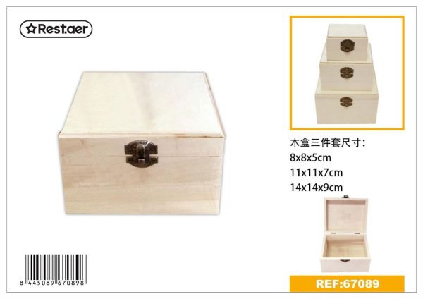 Caja de madera cuadrada 3 piezas 14.5*14.5*9.5 cm - Artículos de regalo