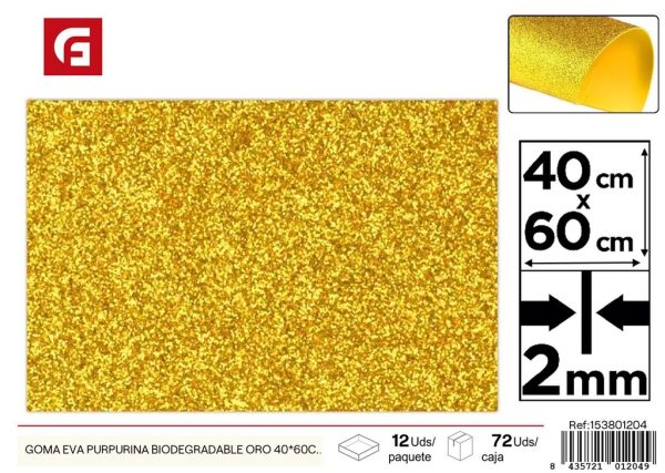 Goma eva purpurina biodegradable oro 40*60cm - Material ecológico para manualidades