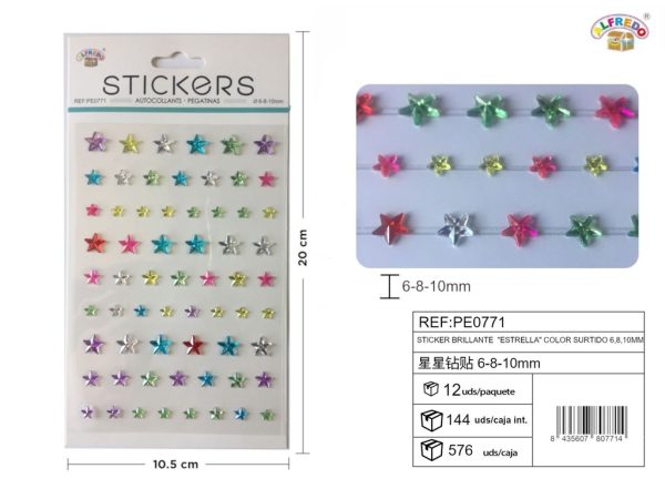 Pegatina brillante "estrella" color surtido 6, 8, 10mm 10.5x20cm para manualidades