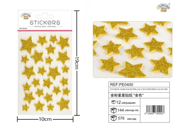 Pegatina de goma EVA estrellas con purpurina color oro 10x19 cm - Decoraciones navideñas