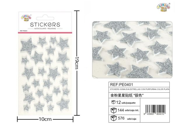 Pegatina de goma EVA estrellas con purpurina color plata 10x19 cm - Decoraciones navideñas
