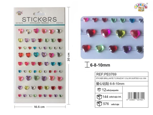 Pegatinas brillantes "Corazón" color surtido 6,8,10 mm - Adornos decorativos