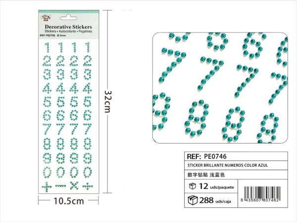 Pegatinas brillantes números color azul 3mm 10.5x32cm para manualidades
