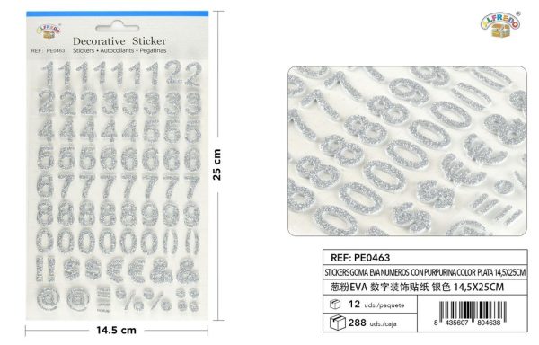 Pegatinas goma eva números purpurina color plata 14.5x25cm para manualidades
