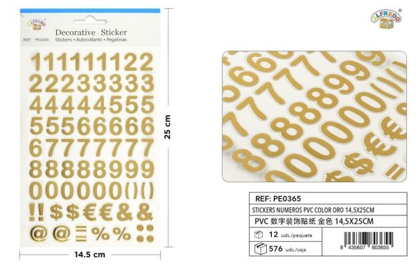 Pegatinas números y letras PVC color oro 14.5x25cm para manualidades