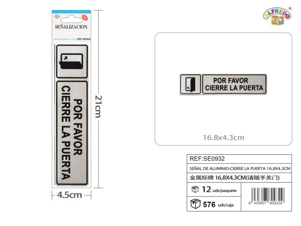 Señal de aluminio - CIERRE LA PUERTA 16.8 x 4.3 cm - Etiquetas metálicas