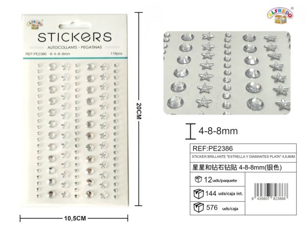 Sticker Brillante "Estrella y Diamantes Plata" 4.8,8mm-118pcs 10.5x20 cm - Adorno de diamantes y perlas