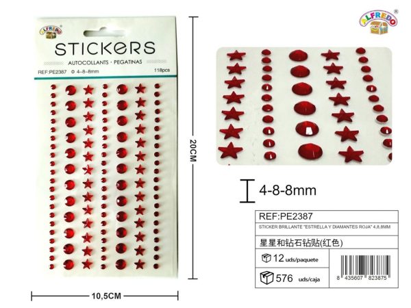 Sticker Brillante "Estrella y Diamantes Roja" 4.8,8mm-118pcs 10.5x20 cm - Adorno de diamantes y perlas