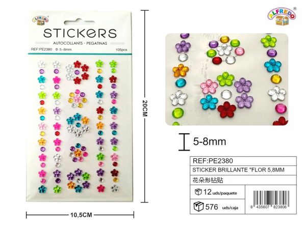 Sticker Brillante "Flor" 5.8mm-105pcs 10.5x20 cm - Adorno de diamantes y perlas