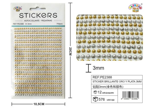 Sticker Brillante Oro y Plata 3mm-750pcs 10.5x20 cm - Adorno de diamantes y perlas