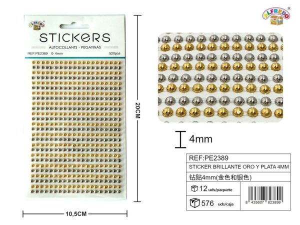 Sticker Brillante Oro y Plata 4mm-520pcs 10.5x20 cm - Adorno de diamantes y perlas