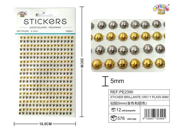 Sticker Brillante Oro y Plata 5mm-320pcs 10.5x20 cm - Adorno de diamantes y perlas