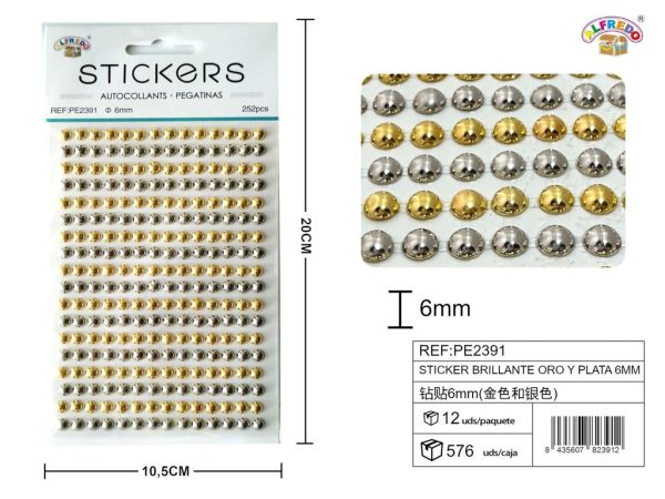 Sticker Brillante Oro y Plata 6mm-252pcs 10.5x20 cm - Adorno de diamantes y perlas