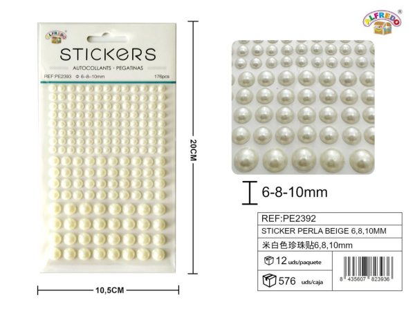 Sticker Perla Beige 6,8,10mm-176pcs 10.5x20 cm - Adorno de diamantes y perlas