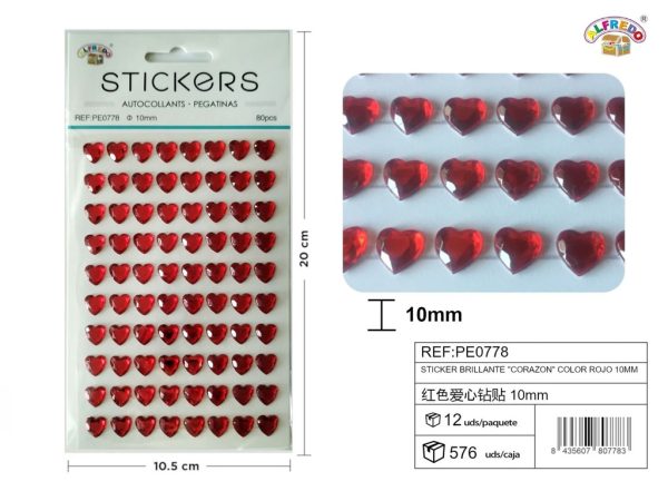 Sticker brillante "Corazón" color rojo 10mm-80pcs 10,5X20 cm - Pegatinas decorativas