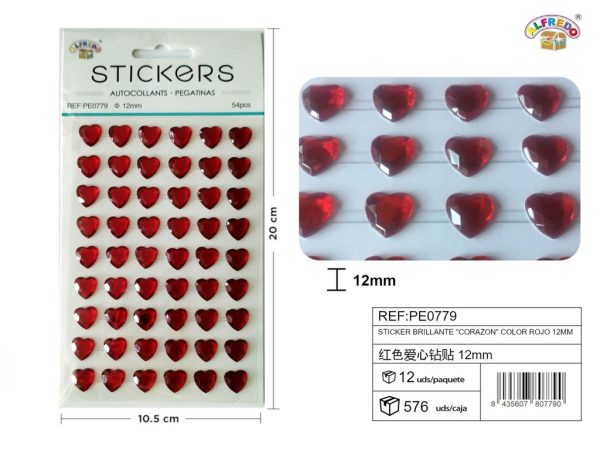 Sticker brillante "Corazón" color rojo 12mm-54pcs 10,5X20 cm - Pegatinas decorativas