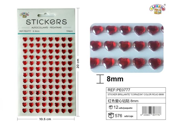 Sticker brillante "Corazón" color rojo 8mm-104pcs 10,5X20 cm - Pegatinas decorativas