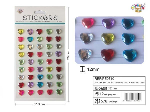 Sticker brillante "Corazón" color surtido 12mm 10,5X20 cm - Pegatinas decorativas